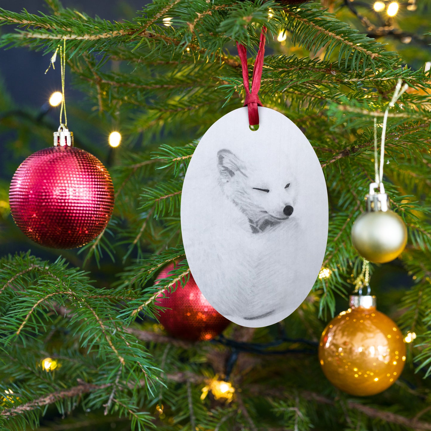 Snow Fox Wooden Ornament